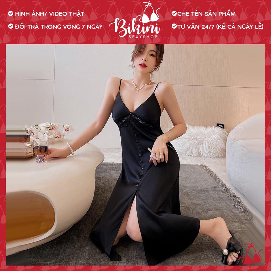 ❣️ Váy ngủ lụa 2 dây xẻ đủi đính khuy dọc phối ren có mút ngực freesize màu đen/ trắng/ cam/ xanh SN06