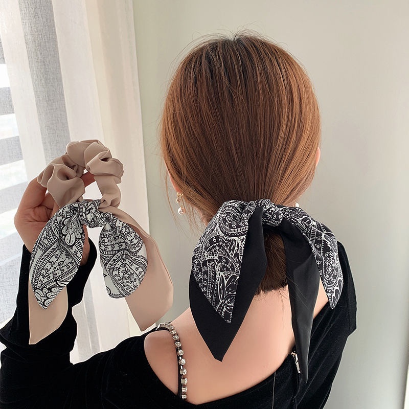 Cột tóc scrunchies vải trơn bóng họa tiết cổ điển thắt nơ S01