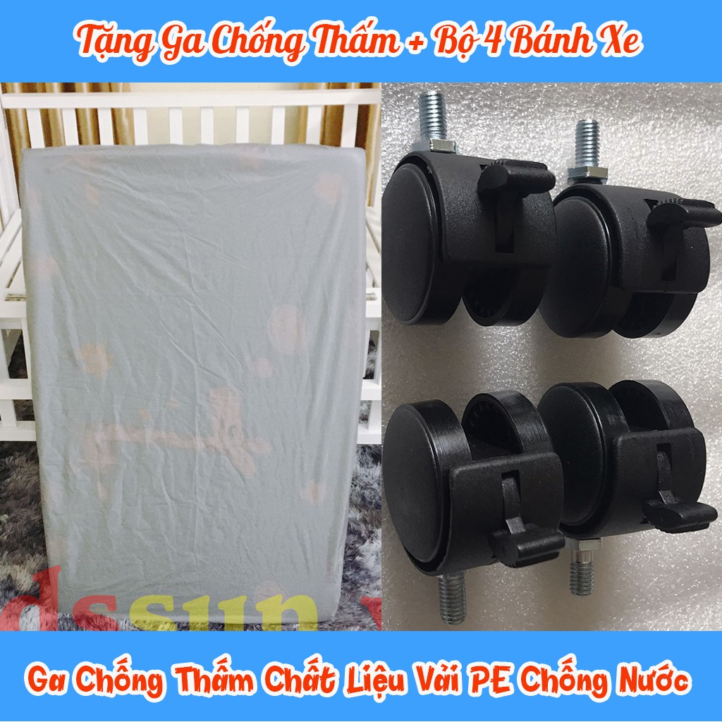 Combo 4 Cũi Gỗ Thông Màu Gỗ TN + Đệm Bông Ép + Ga Chun + Quây 4 Tấm Lót Cũi Đủ Size Đủ Màu + Tặng Bánh Xe Ga Chống Thấm