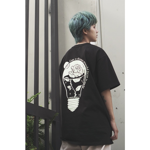 TEE DẠ QUANG Áo Thun Tay Lỡ Form Rộng Unisex Nam Nữ Hoa Hồng Bóng Đèn Phát Sáng Trong Đêm TT376 Đen Phản Quang