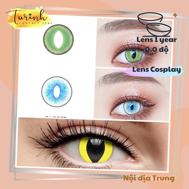 Lens Cosplay Yellow Blue Green 0.0 diop- Kính áp tròng Hoá Trang nhân vật màu Vàng Xanh mắt mèo lên màu rõ đẹp