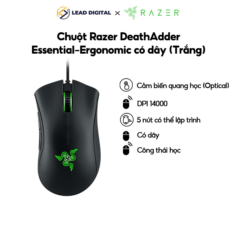 Chuột game Có dây Razer DeathAdder Essential | 14000 DPI | 5 nút lập trình | Công thái học | Led xanh