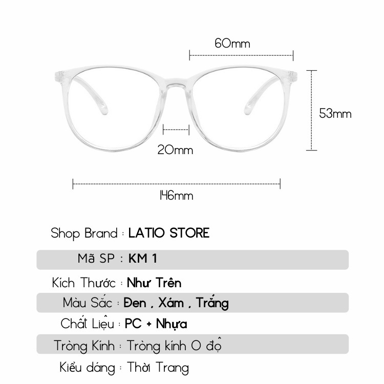 Mắt kính thời trang kiểu dáng basic gọng tròn đẹp cá tính mẫu HOT 2021 LATIO K1