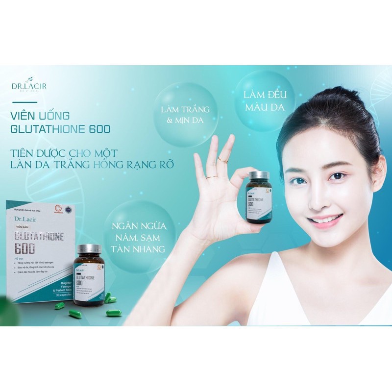 Viên uống Nám trắng da Glutathion 600, Ngăn Ngừa Nám, Chống Lão Hóa Hộp 30V