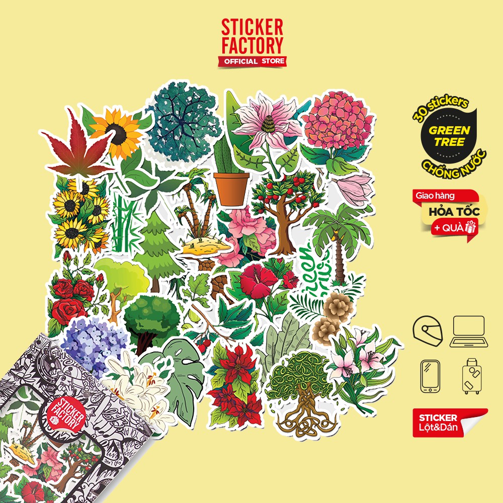Hộp set 30 sticker decal hình dán nón bảo hiểm , laptop, xe máy, ô tô STICKER FACTORY - Tree and Flower