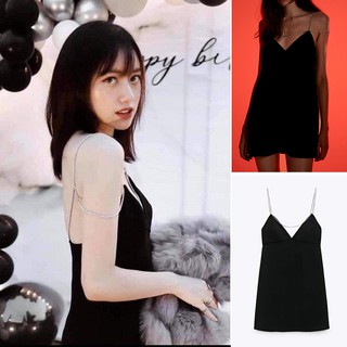 Đầm mini hai dây zara xuất dư tuồn đính đá màu đen - 8741/778