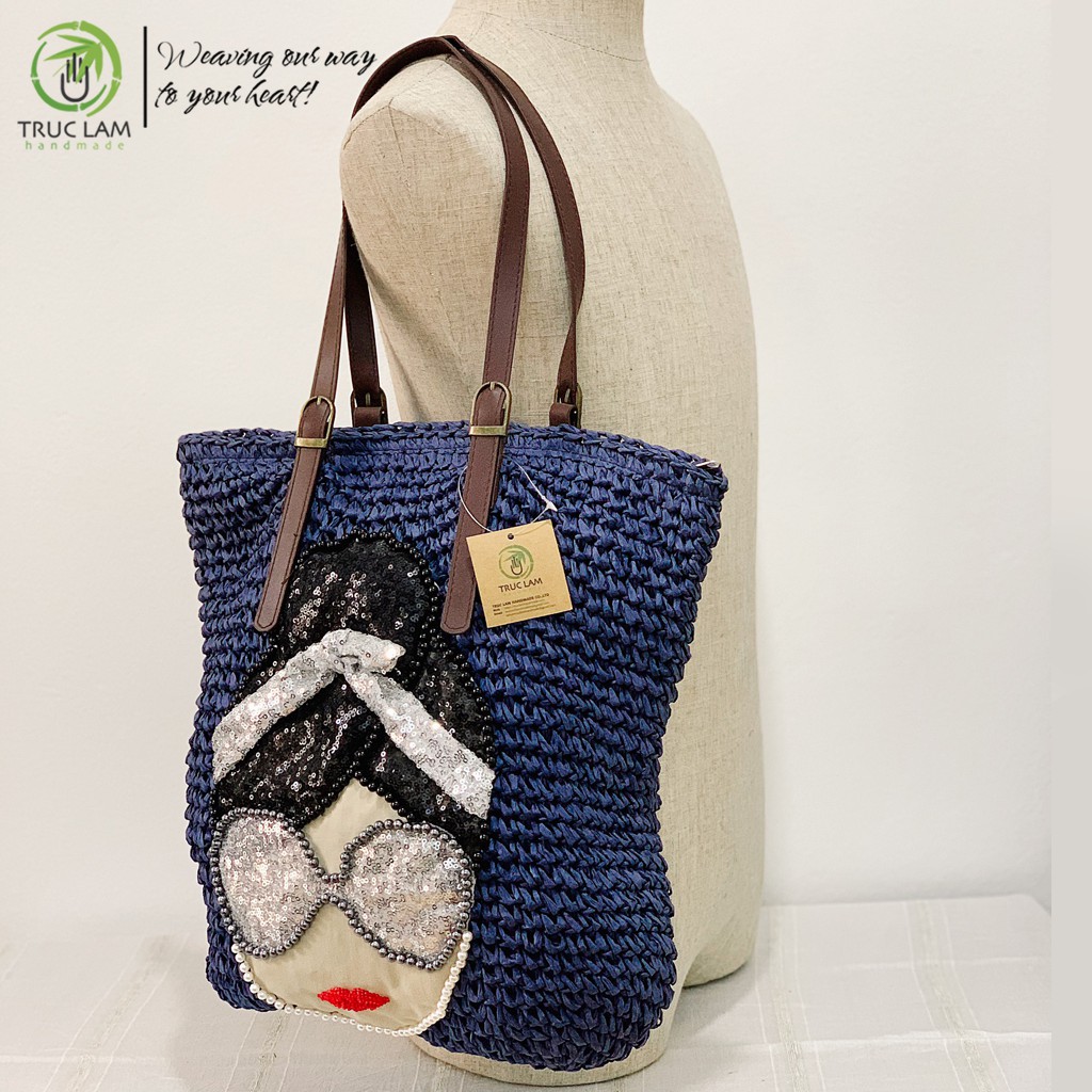 Túi Cói Tote Thời Trang Nữ Quai Da Thêu Cườm Hình Mặt Cô Gái - Trúc Lâm Handmade