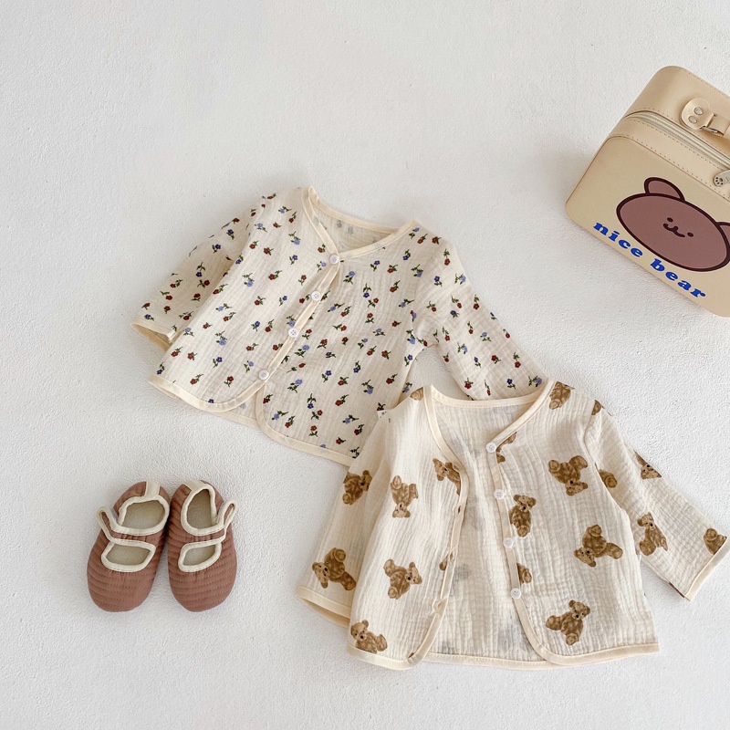 Áo Khoác Cotton Mỏng Tay Dài Chống Muỗi Họa Tiết Gấu Và Hoa Thời Trang Mùa Hè Cho Bé