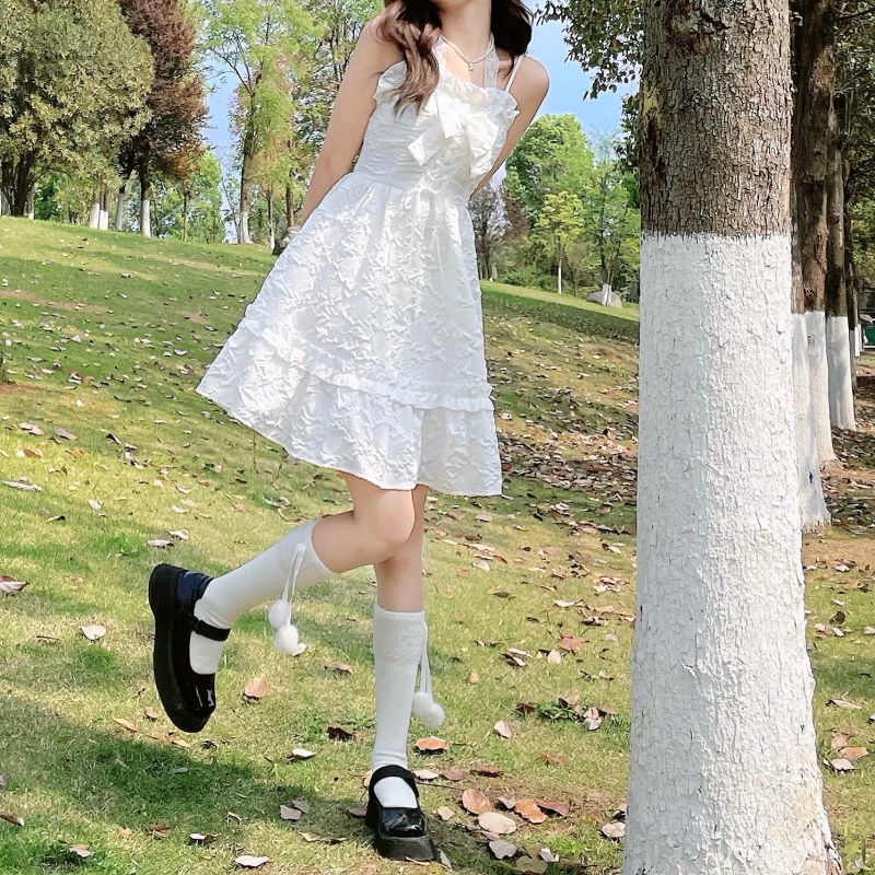 Đầm Công Chúa Hai Dây Dáng Rộng Thắt Nơ Phong Cách Hàn Quốc Mới Dành Cho Nữ Sinh