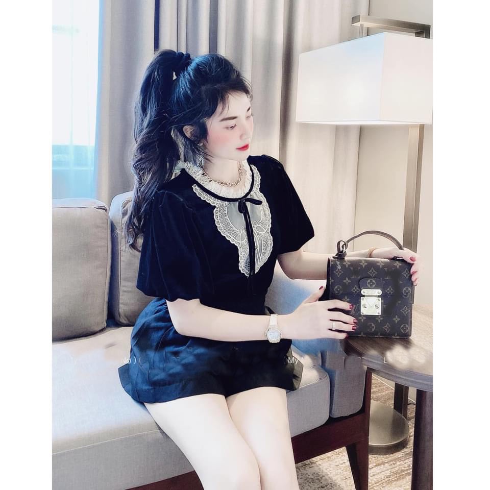 áo nhung nữ tay bồng pha cổ viền ren ( ảnh thật)