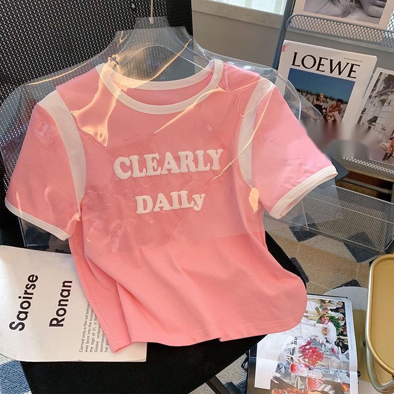 Áo Thun Nữ Ngắn Tay Phối Màu Sắc Tương Phản Phong Cách Hàn Quốc