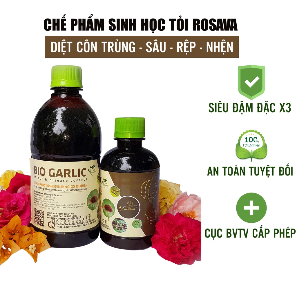 Chế phẩm sinh học tỏi đậm đặc ROSAVA diệt nhện, sâu ăn lá, rệp rầy, bọ trĩ trên cây cảnh, hoa hồng & hoa lan