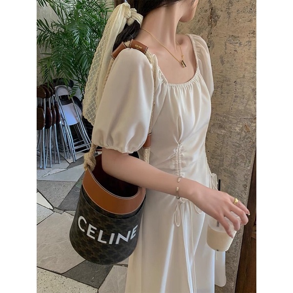 (ORDER.buiny) Váy MORAN tay phồng cổ vuông eo rút dây 2 bên xòe dài tiểu thư sang trọng kiểu Pháp | BigBuy360 - bigbuy360.vn