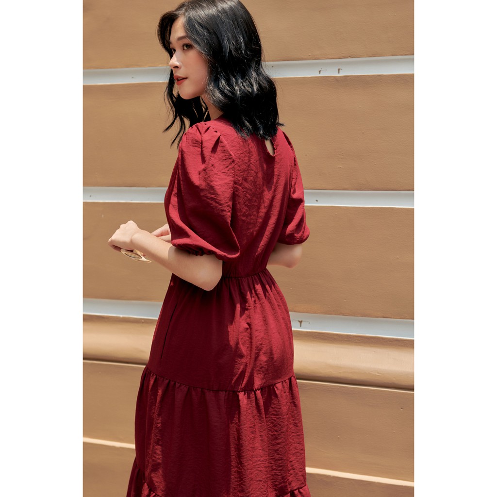 Đầm tầng nữ YV LE & CO vải Rayon màu đỏ nhẹ nhàng