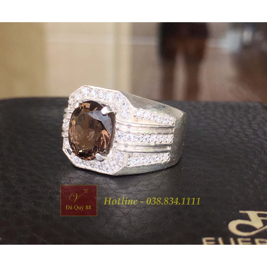 Nhẫn Bạc Gắn Đá Thạch Anh Khói Đen Tự Nhiên Vip