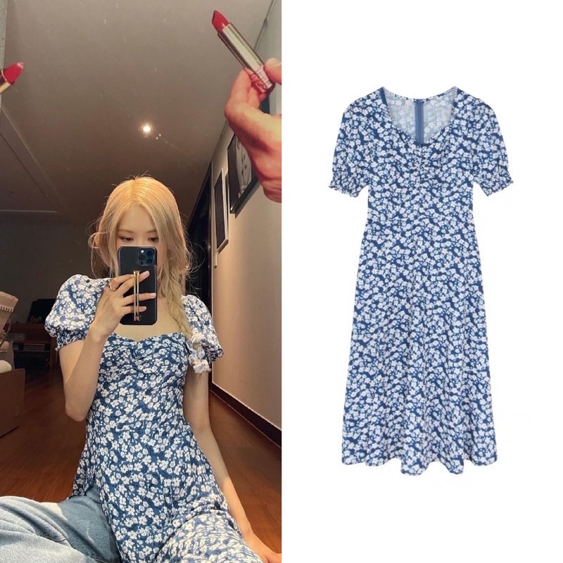 Đầm hoa nhí xanh giống Jisoo, Rosé BLACKPINK dáng dài