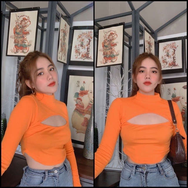 [Hình Thật] Aó Croptop Siêu Hot Tay Dài Khoét Ngực Phong Cách Thời Trang Hàn Quốc Siêu Xinh Siêu Đẹp Siêu Cá Tính