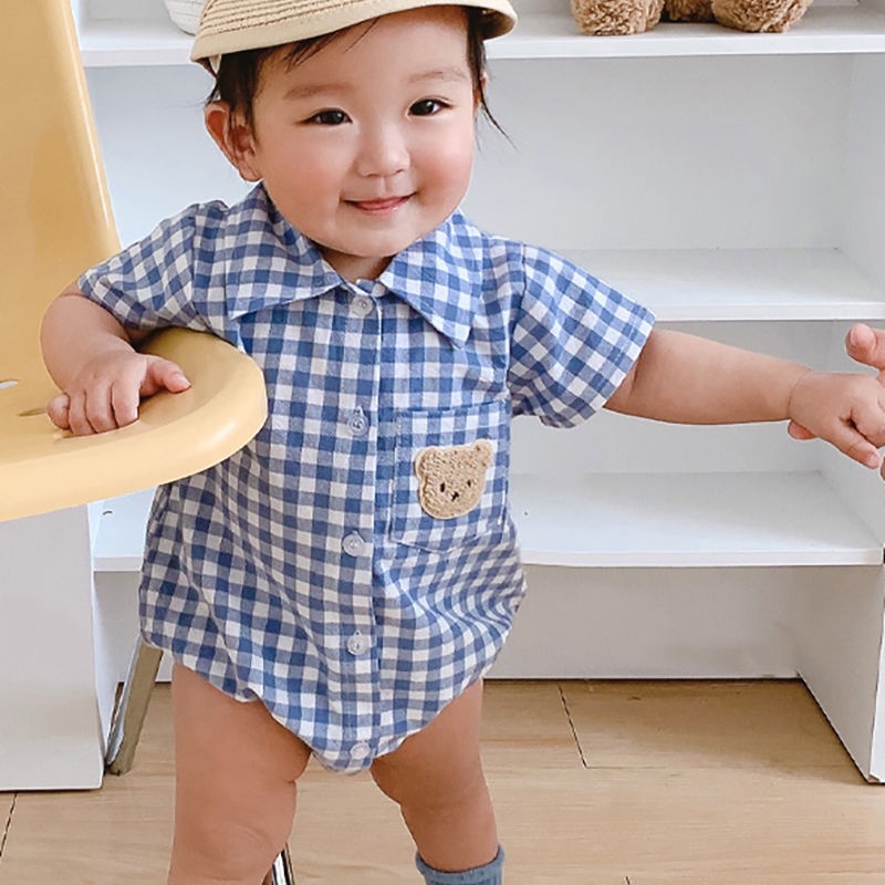 Bộ Áo Liền Quần Tay Ngắn Chất Liệu Cotton In Họa Tiết Kẻ Ô Gấu Thời Trang Mùa Hè Cho Bé Trai
