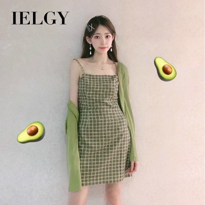 Đầm IELGY hai dây hở lưng màu xanh lá cây họa tiết kẻ sọc thời trang mới 2023 xinh xắn dành cho nữ