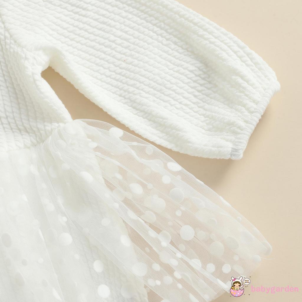 Bộ áo liền quần tay dài phối lưới họa tiết chấm bi dễ thương cho bé gái