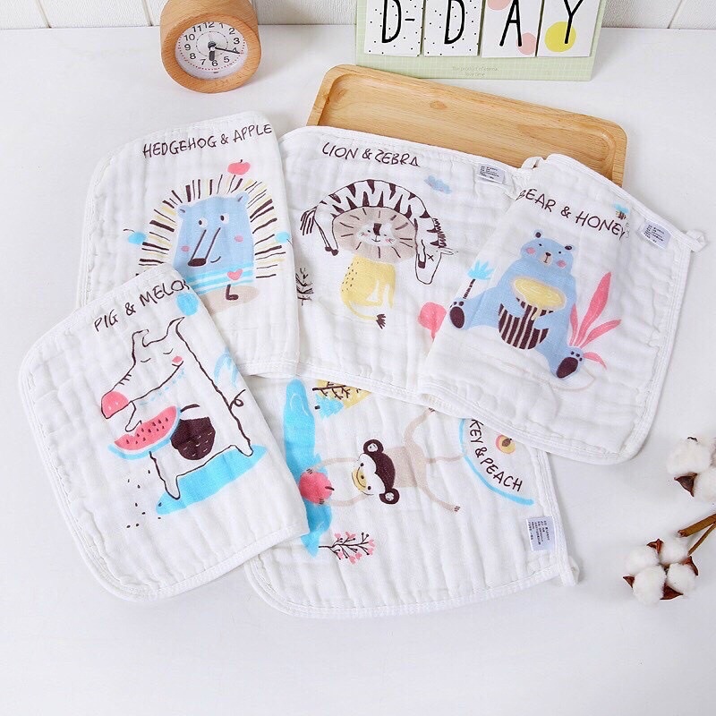 Khăn Rửa Mặt Cho Bé Vải Xô 6 Lớp Xanh Hồng Trắng