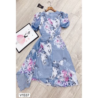 Váy lụa tơ rút eo, váy lụa tơ cổ vuông thanh lịch - V1537