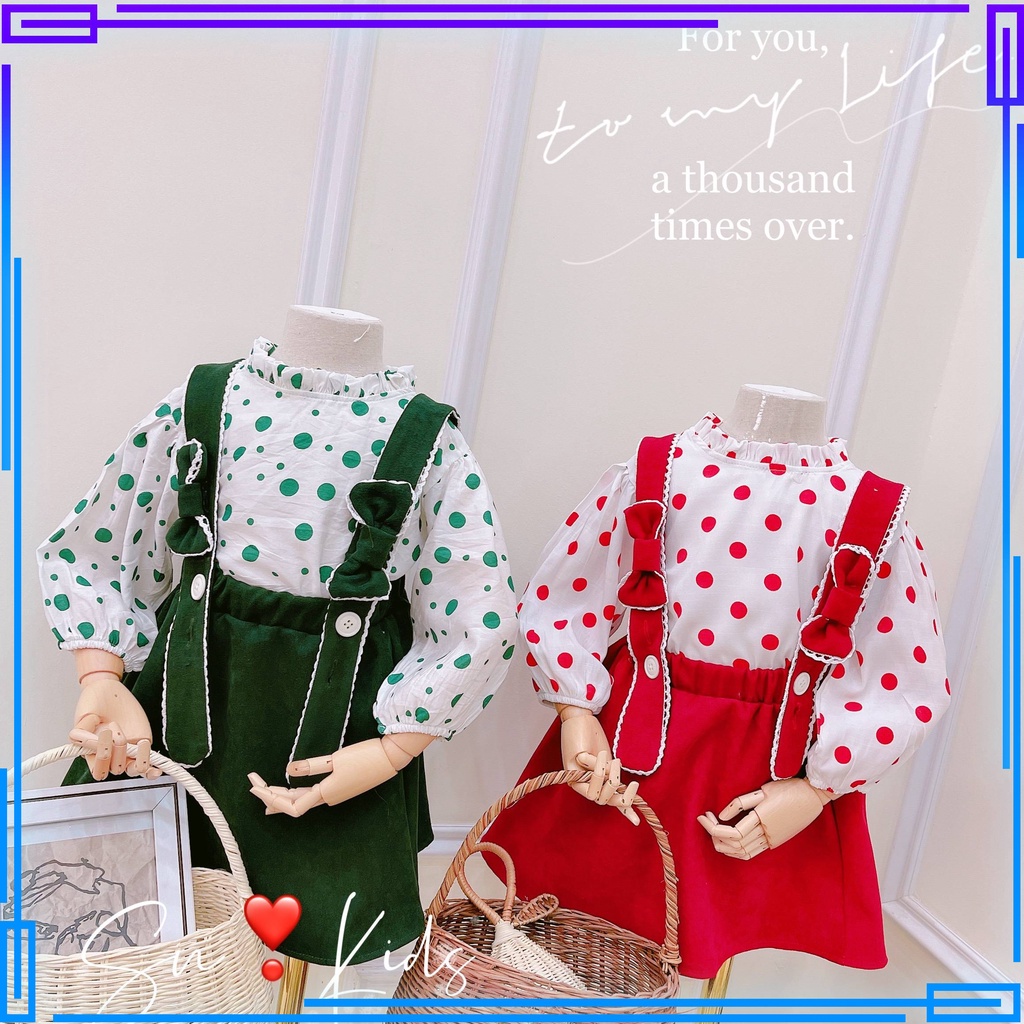 Set 2 chi tiết váy tăm nhung và áo chấm bi tay bồng cho bé gái