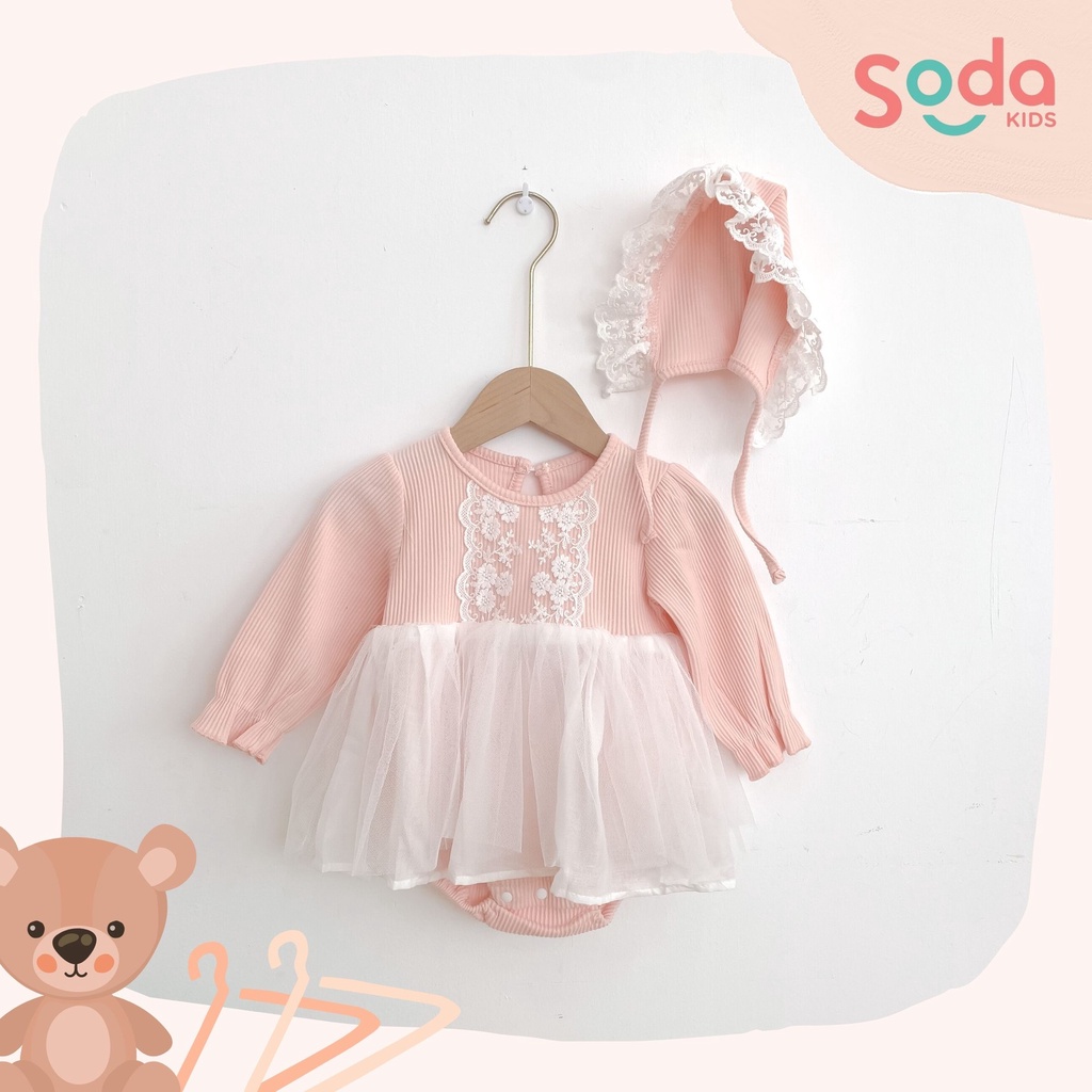 Bộ liền thân phối voan trắng hồng kèm mũ (Ảnh thật)