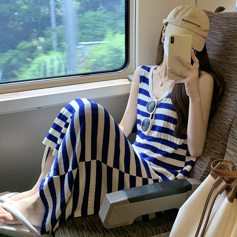 Đầm Dài Không Tay Họa Tiết Sọc Thời Trang Phong Cách Hàn Quốc Cho Nữ