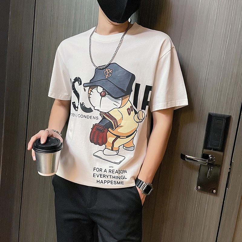 Áo thun PURUILONG cotton ngắn tay in hình mèo máy Doraemon phong cách Hàn Quốc dành cho nam