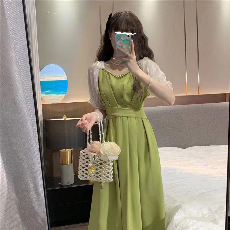 Đầm Midi Chiffon Dáng Chữ A Cổ Vuông Tay Phồng Đính Hạt Kiểu Vintage Dễ Thương
