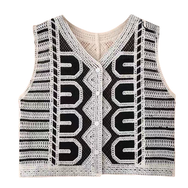 Xiangbao Áo Ghi Lê Không Tay Dệt Kim Khoét Rỗng Cài Nút Họa Tiết Hình Học Vintage Mùa Hè Cho