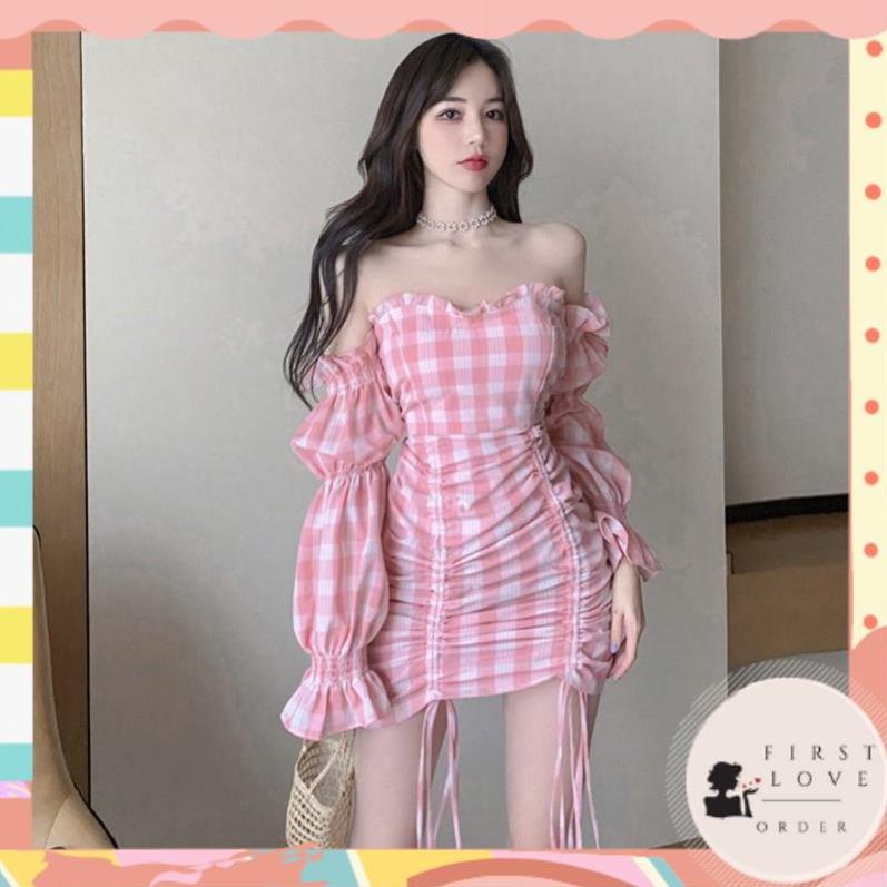 (firstlove ORDER) Váy kẻ sọc caro hồng hở vai ôm body xếp ly nhăn nhún gợi cảm ngọt ngào quyến rũ 01