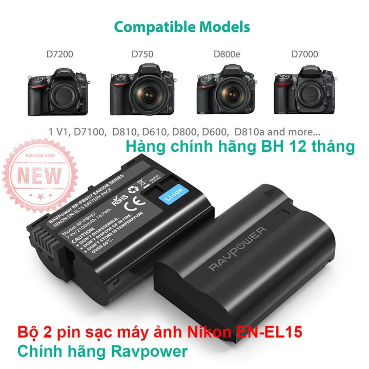 Bộ 2 pin sạc máy ảnh Nikon EN-EL15 chính hãng Ravpower Mỹ