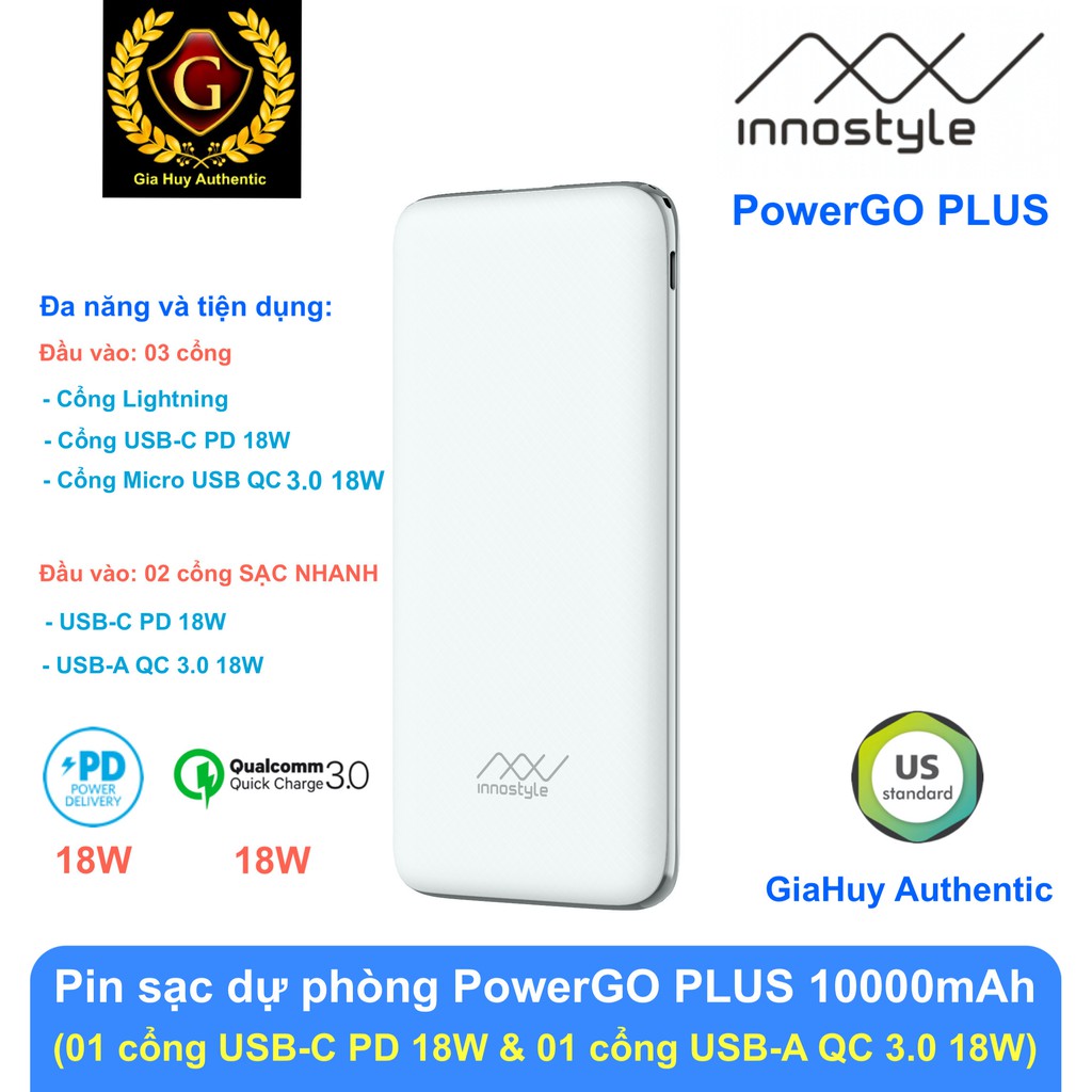 Pin sạc dự phòng INNOSTYLE POWERGO PLUS 10000mAh PD/QC 3.0 18W