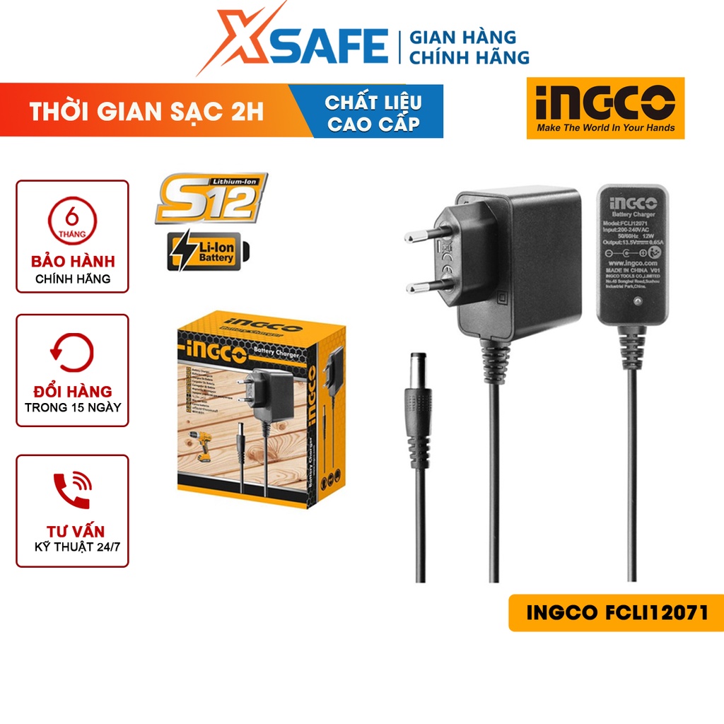Đế sạc S12V INGCO FCLI12071 Sạc pin Lithium-Ion, điện thế sạc 220-240V, thời gian sạc 2h, đóng gói hộp màu chắc chắn