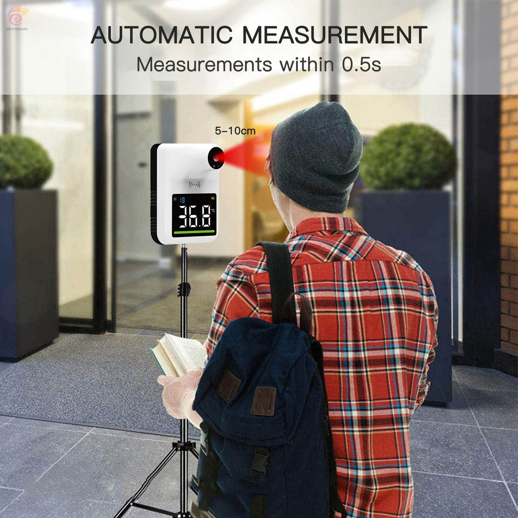 ET Wall Mounted Non-contact IR Thermometer with Multi-Language Voice Broadcast ℃/ ℉ Switch Auto Measuring Forehead Thermometers 2-Color Fever Alarm, Wall or Tripod Mounted for Home Office School Public Places