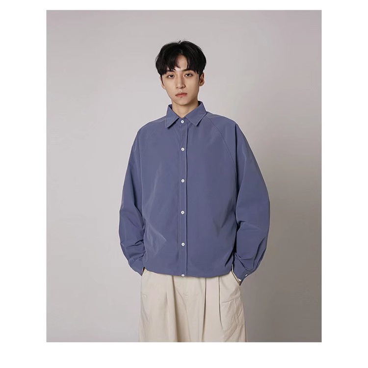 Áo Sơ Mi Trơn Tay Dài Dáng Rộng Thoáng Khí Phong Cách Hip Hop Đường Phố Hàn Quốc Cho Nam