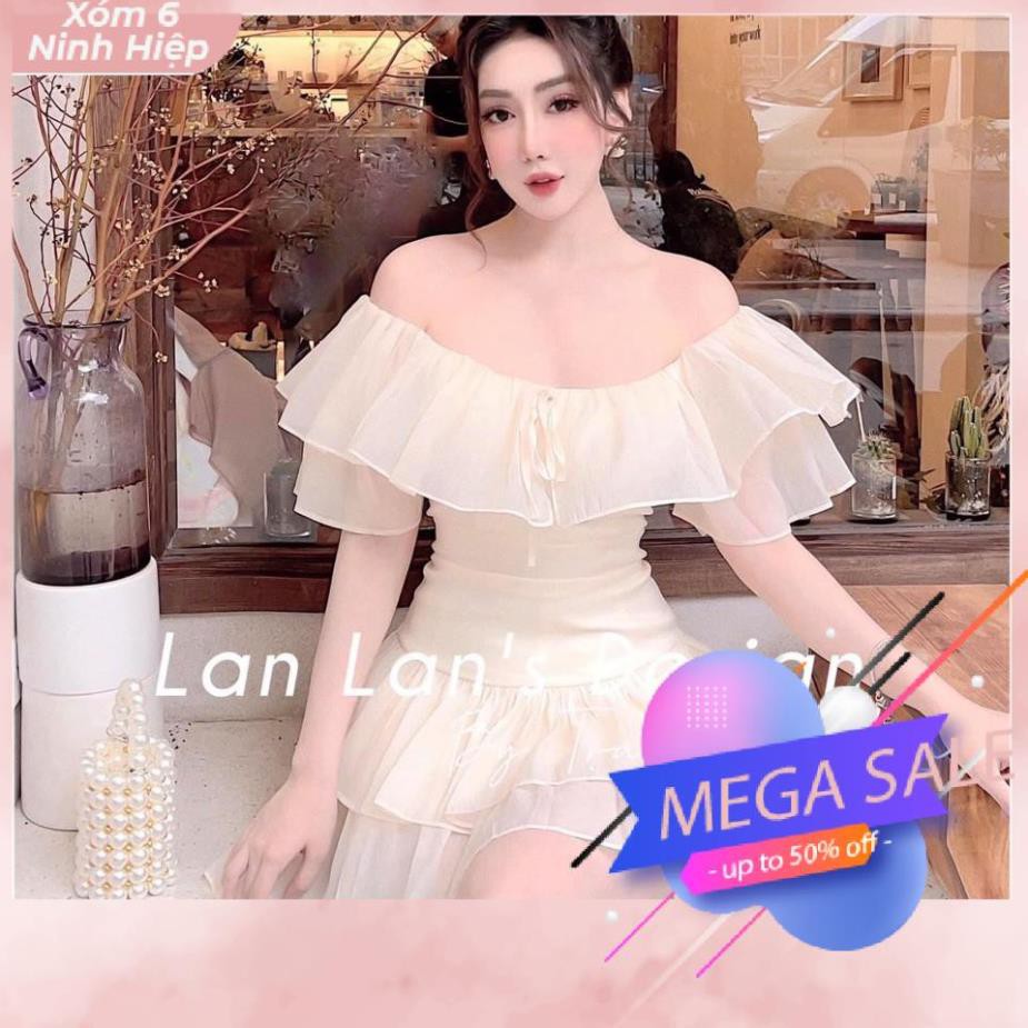 Váy Tơ Trễ Vai Bèo Nhún Hai Lớp -Đầm Peplum Tiểu Thư