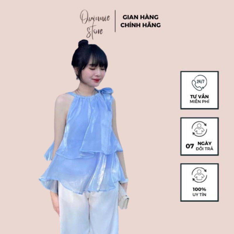 Set tơ áo cổ yếm bèo tầng kèm quần suông ống rộng QUINNIE