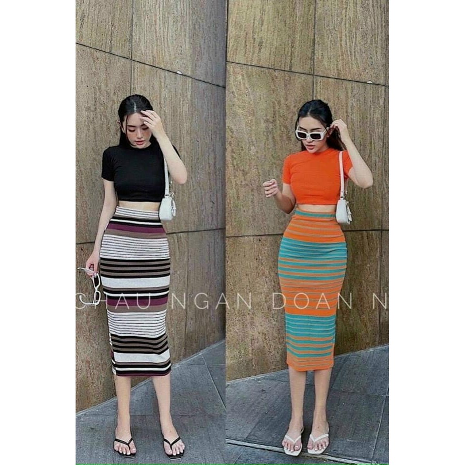 SET ÁO CROPTOP kèm chân váy sọc ÔM BODY SIÊU HOT
