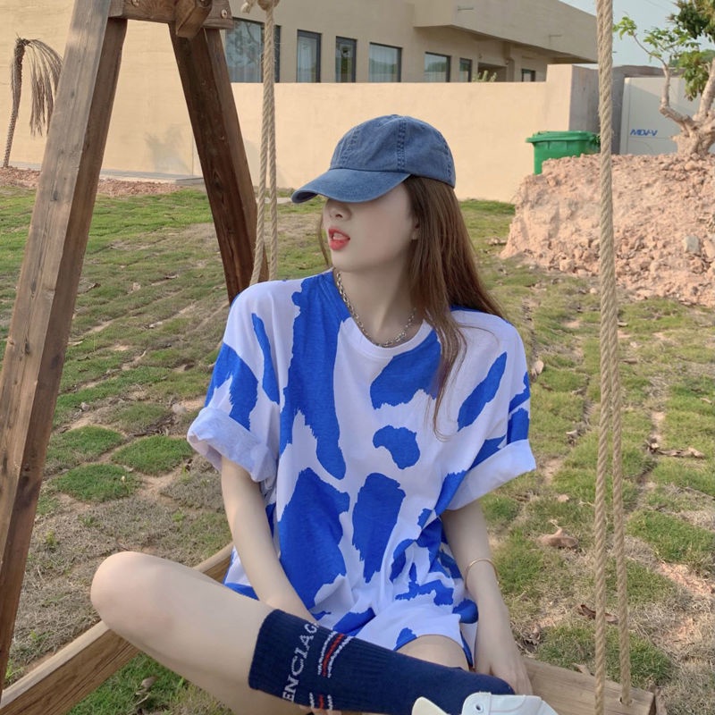 AMOI Áo Thun Ngắn Tay Dáng Rộng In Họa Tiết Bò Sữa Thời Trang 2022 Cho Nữ