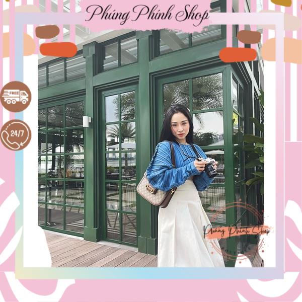 Set áo xanh dập li - chân váy thiết kế .