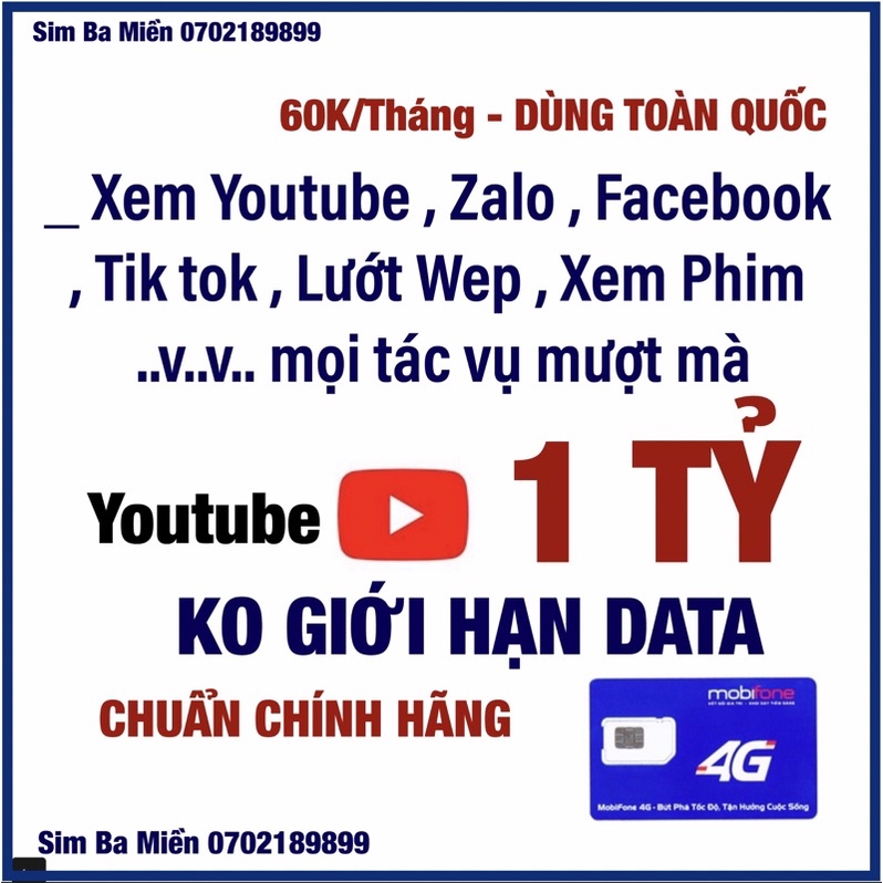 Sim KO GIỚI HẠN DATA Mobifone ED60 - Y60 - CF60 - AG60 - NCT60