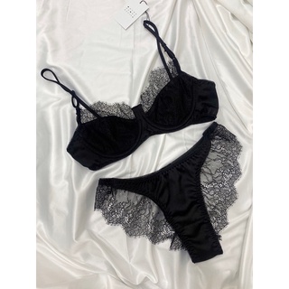 Set bra ren mi pha lụa mịn sexy có gọng màu đen và nude