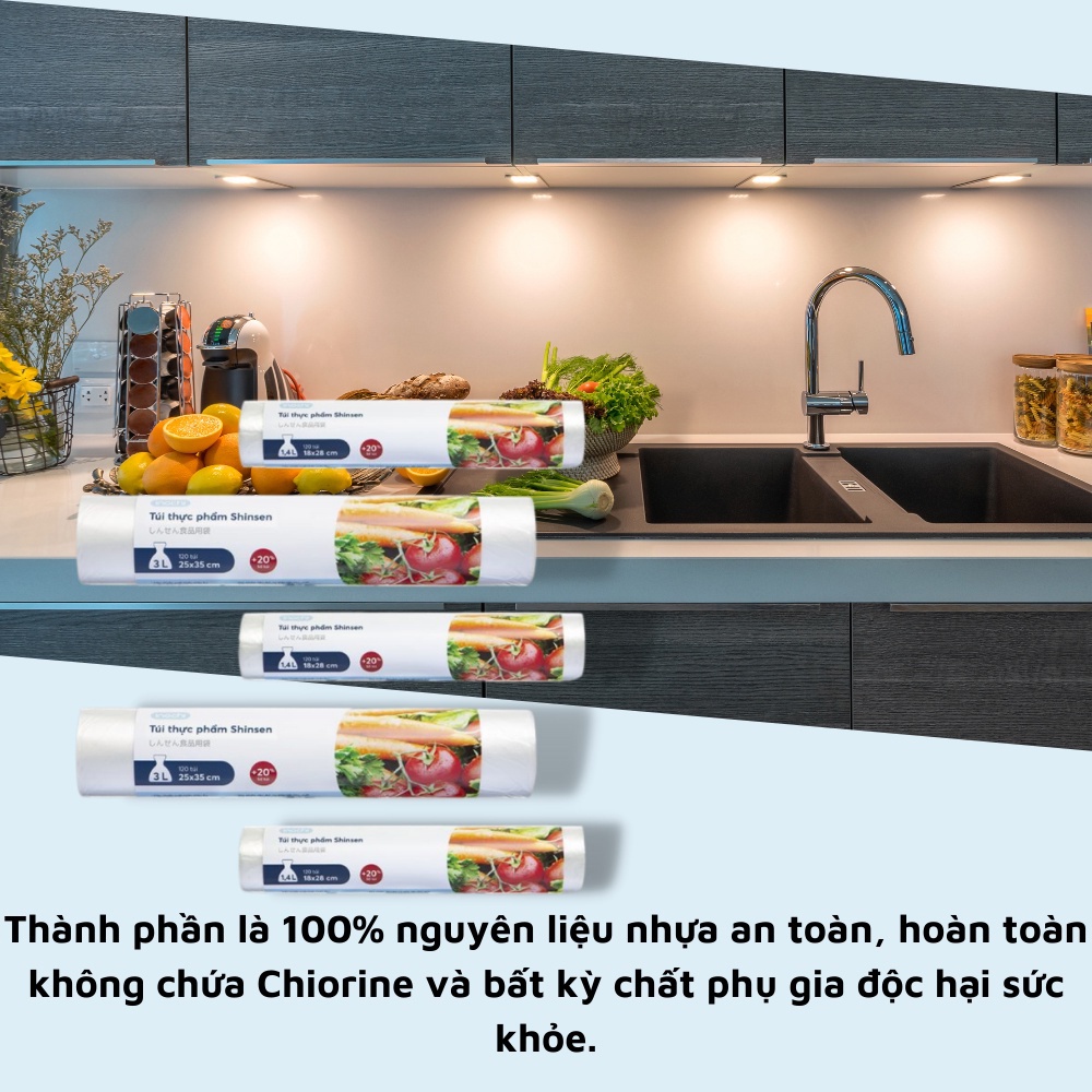 Cuộn 120 Túi Đựng Thực Phẩm Shinsen INOCHI Tự Hủy Sinh Học - Túi Bọc Đựng Rau Củ Quả, Thức Ăn Bảo Quản Tủ Lạnh