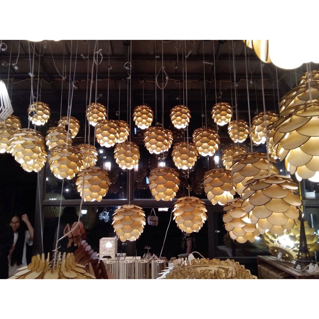 Đèn thả trần gỗ DIY dáng quả thông D27cm