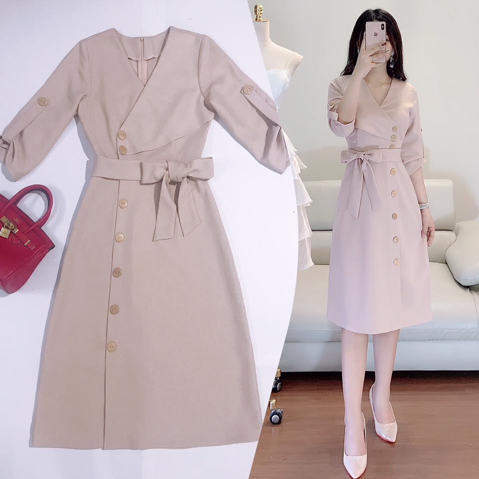 Đầm dự tiệc dáng xòe chữ A tay lỡ cổ V phối khuy sang trọng- Váy nữ dự tiệc Gumi trẻ trung xinh đẹp
