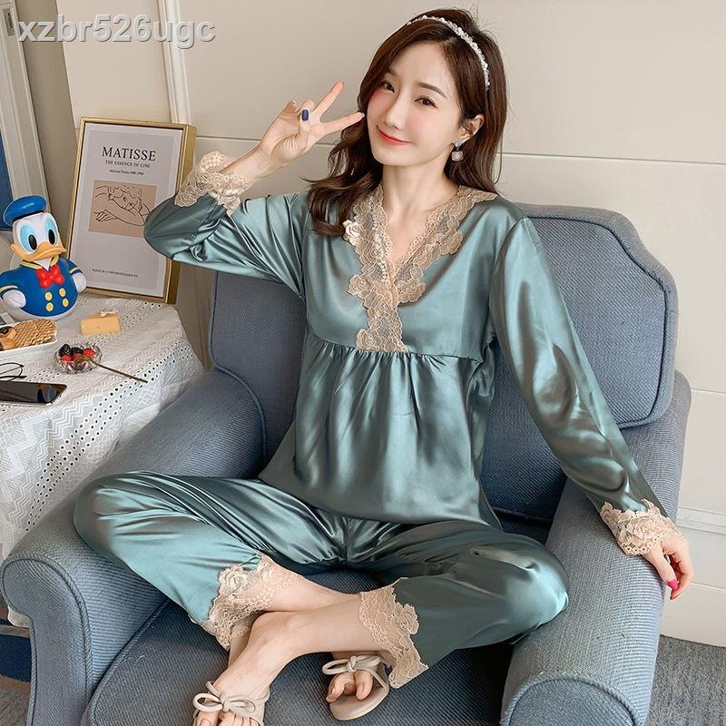 ┋ ( rẻ mà chất lượng)☞∋Đồ ngủ mới của phụ nữ mùa hè, mùa xuân và mùa thu băng lụa dài tay hai mảnh phù hợp với ren mỏng