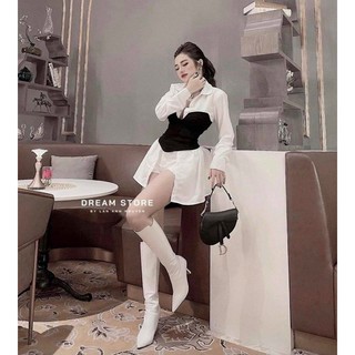 Áo sơ mi dài phối eo thun ôm - S0U